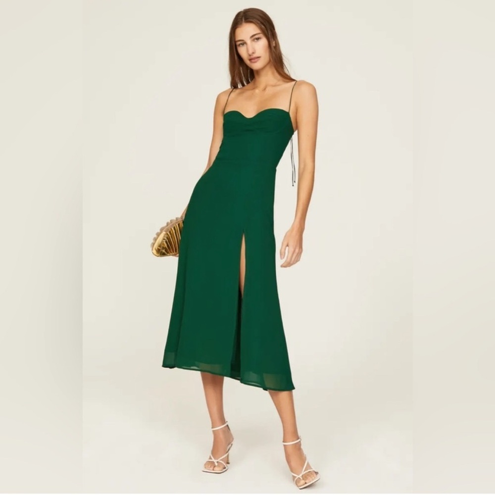 NEW Reformation Juliette Dress in Emerald Dark Green Side Slit | US 2 UK 6